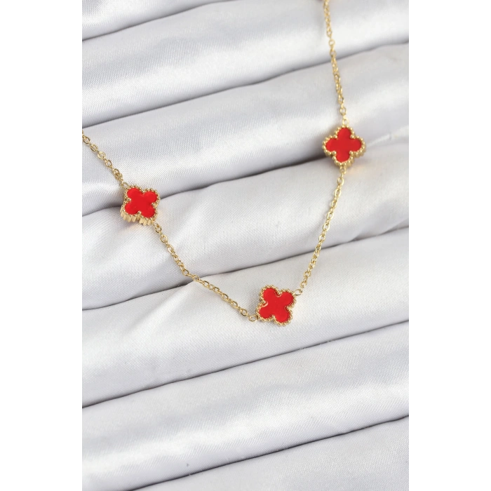 316L Çelik Zincir Gold Renk Kırmızı Baby Boy Yonca Kadın Kolye
