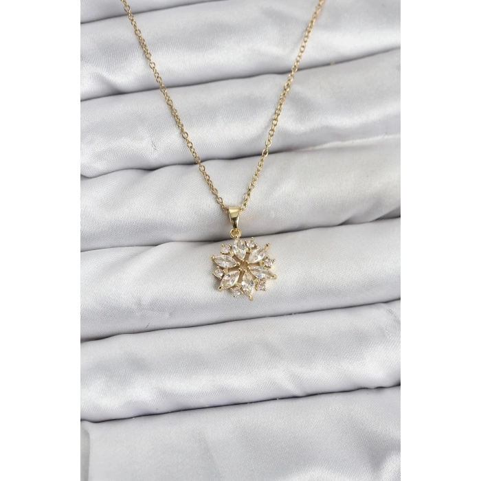 316L Çelik Zincir Gold Renk Lotus Model Zirkon Taşlı Kadın Kolye