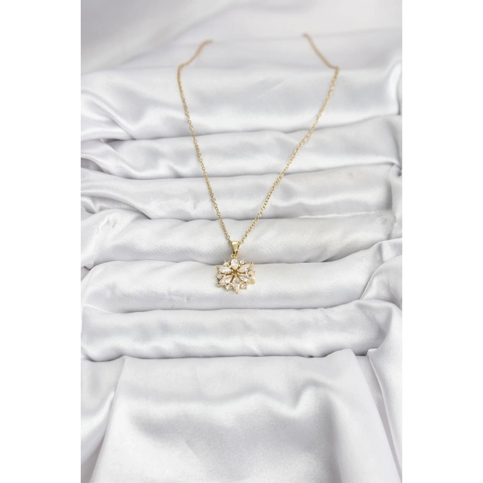 316L Çelik Zincir Gold Renk Lotus Model Zirkon Taşlı Kadın Kolye