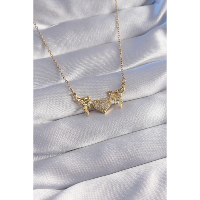 316L Çelik Zincir Gold Renk Zirkon Taşlı Kalp Model Kelebek Detay Kolye