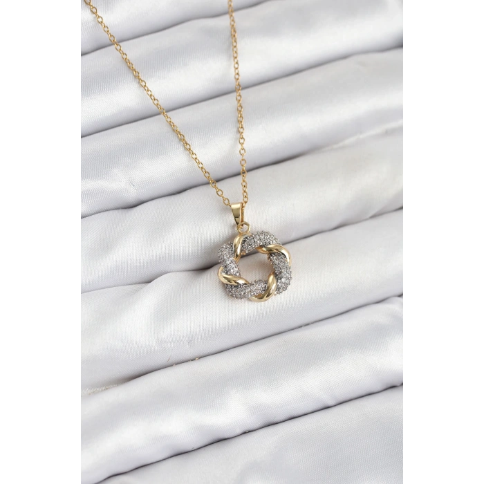 316L Çelik Zincir Gold Renk Zirkon Taşlı Sarmal Model Kadın Kolye