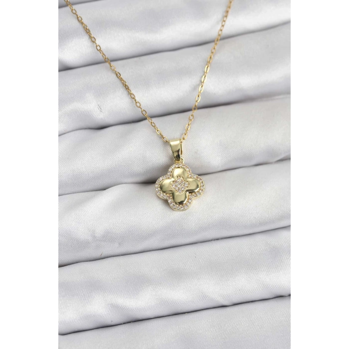 316L Çelik Zincir Gold Renk Zirkon Taşlı Yonca Model Kadın Kolye