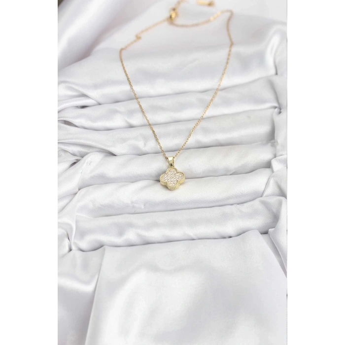 316L Çelik Zincir Gold Renk Zirkon Taşlı Yonca Model Kadın Kolye