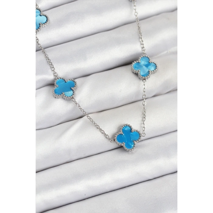 316L Çelik Zincir Gümüş Buz Mavisi Renk Yonca Kadın Kolye