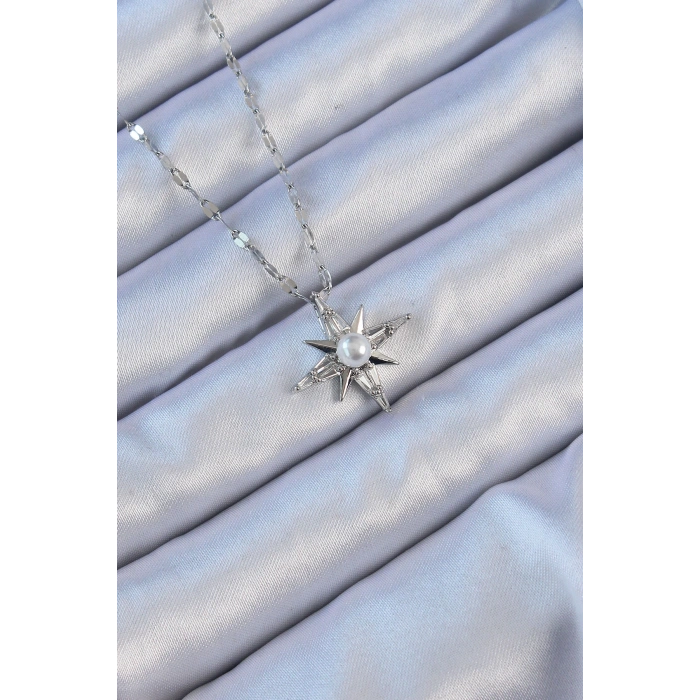 316L Çelik Zincir Gümüş Renk Baget Taşlı İnci Detay Kutup Yıldızı Kolye