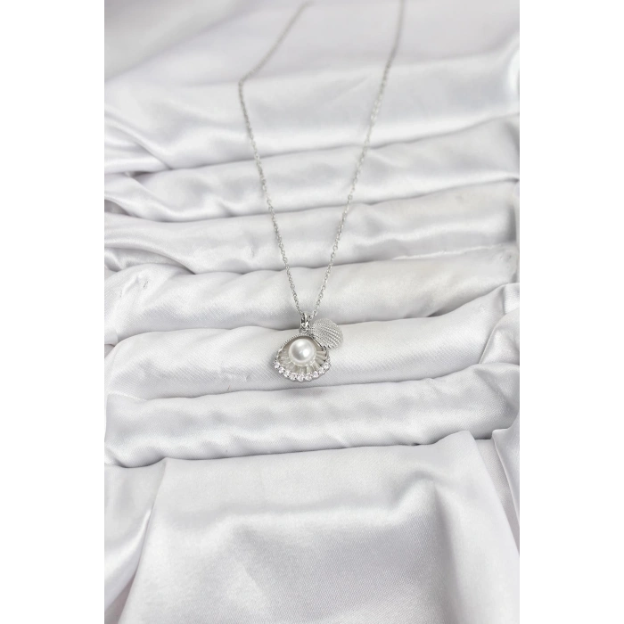 316L Çelik Zincir Gümüş Renk İncili Deniz Kabuğu Model Zirkon Taşlı Kadın Kolye