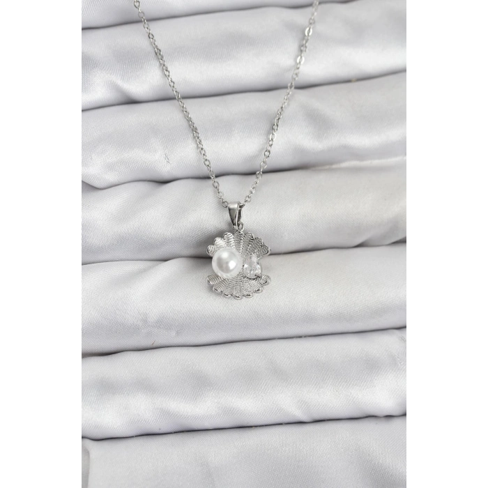 316L Çelik Zincir Gümüş Renk İstiridye İnci Model Zirkon Taşlı Kadın Kolye