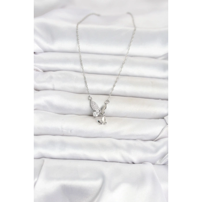 316L Çelik Zincir Gümüş Renk Kelebek Model Kadın Kolye