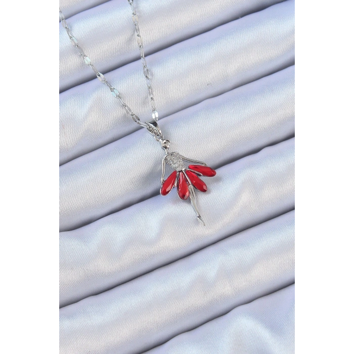 316L Çelik Zincir Gümüş Renk Kırmızı Etekli Zirkon Taşlı Balerin Kolye