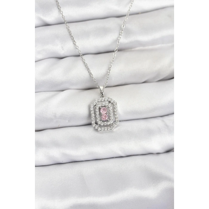 316L Çelik Zincir Gümüş Renk Plaka Model Zirkon Taşlı Kadın Kolye