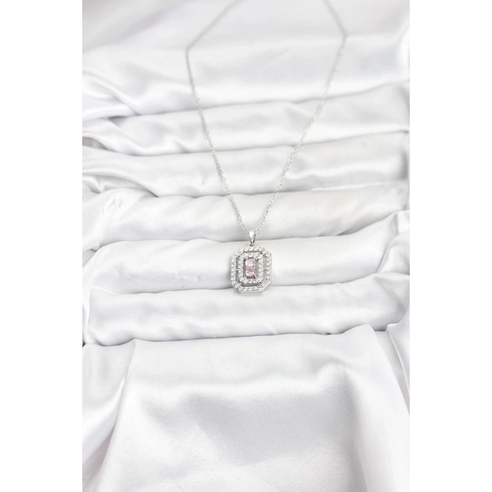 316L Çelik Zincir Gümüş Renk Plaka Model Zirkon Taşlı Kadın Kolye