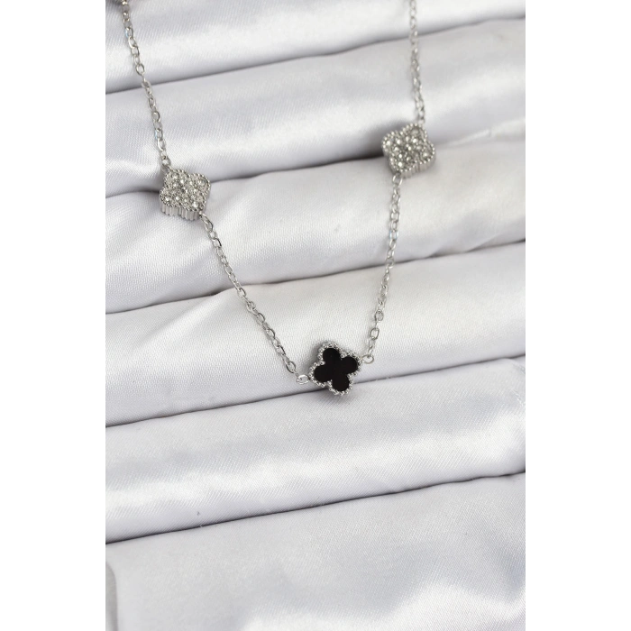 316L Çelik Zincir Gümüş Renk Siyah ve Zirkon Taşlı Baby Boy Yonca Kadın Kolye