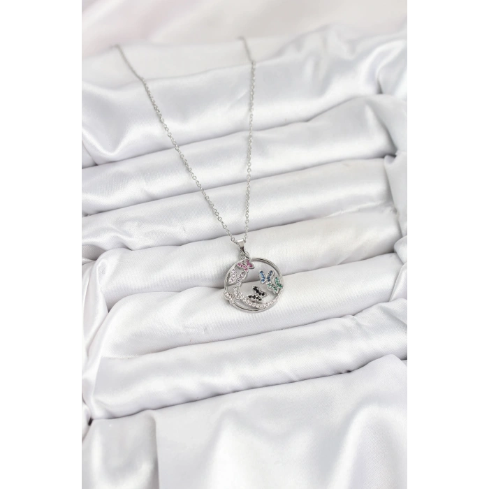 316L Çelik Zincir Gümüş Renk Zirkon Taşlı Kelebekli Kadın Kolye