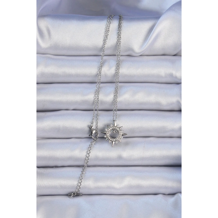 316L Çelik Zincir Gümüş Renk Zirkon Taşlı Parlayan Yıldız Kolye