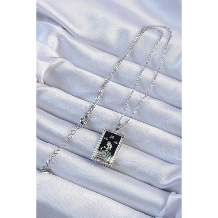 316L Çelik Zincir Gümüş Renk Zirkon Taşlı Siyah Mineli Kız Figürlü Tarot Kolye