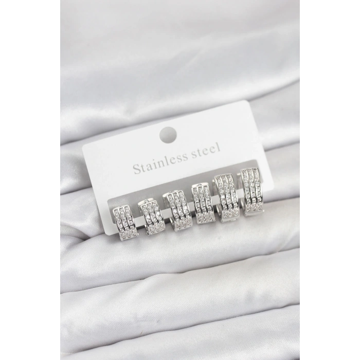 316L Çelik Zirkon Taşlı Gümüş Renk Halka Küpe Seti