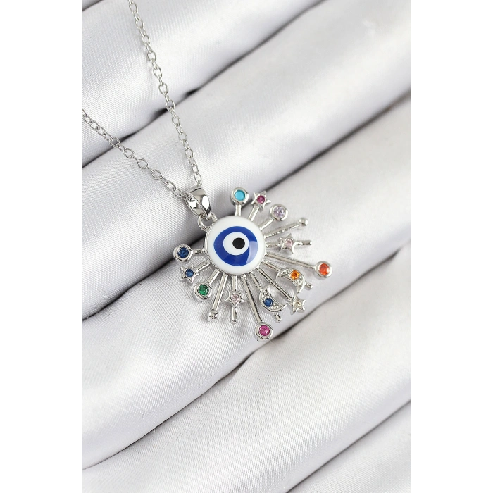 316L Çelik Zirkon Taşlı Nazar Model Gümüş Renk Kadın Kolye