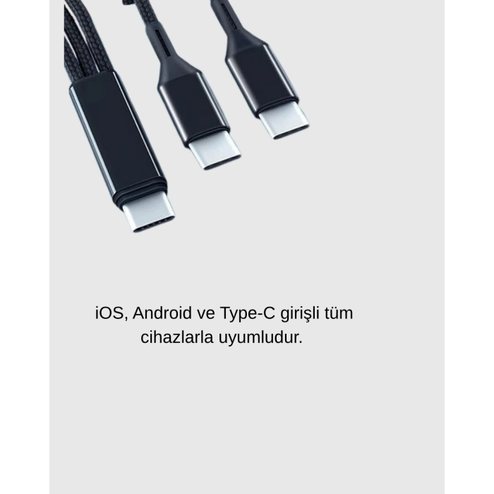 3’ü 1 Arada Şarj Kablosu TypeC iOS Android Uyumlu Hızlı ve Güvenli Şarj