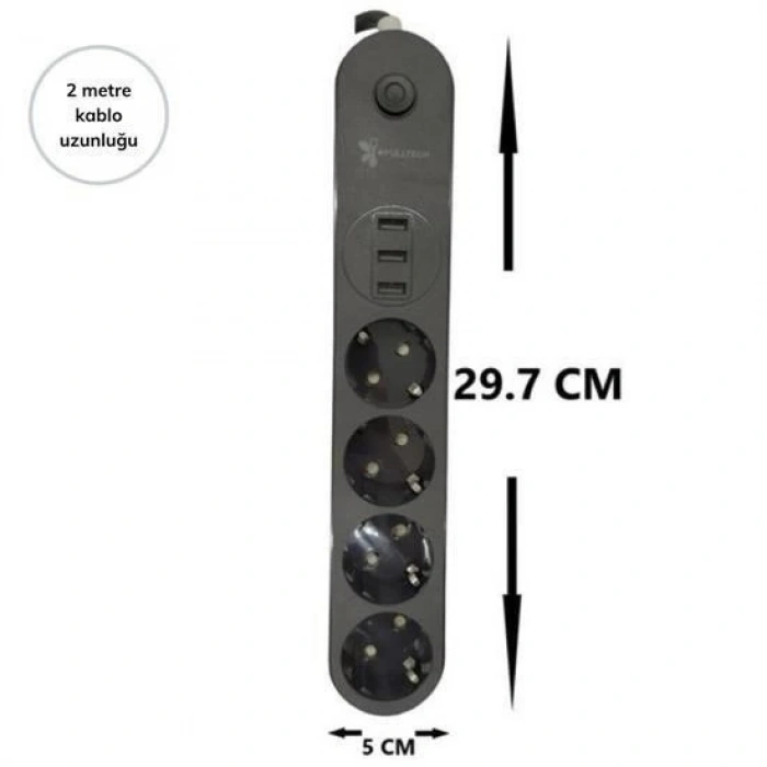4lü Siyah Anahtarlı 3 Usb Li Akım Korumalı Topraklı Çocuk Korumalı Grup Priz 2 Metre (  )