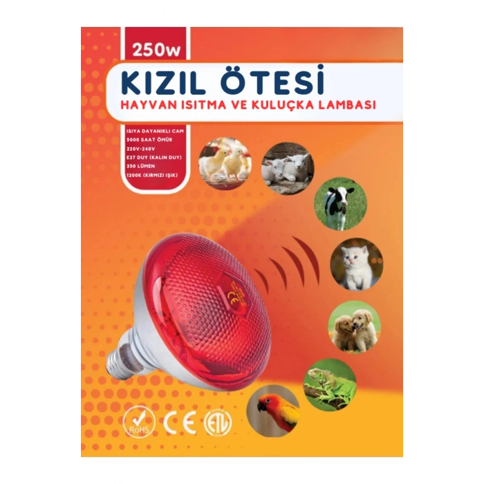 (6 Adet) 250W Kızılötesi Isıtıcılı Hayvan Isıtma ve Kuluçka Lambası (Kırmızı Işık) E27 (Kalın Duy) (  )