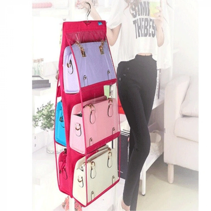 6 Gözlü Pratik Dolap İçi Çanta Askılığı/Organizer (Pembe)