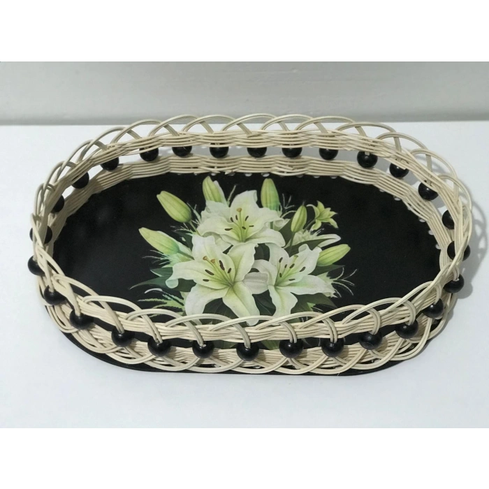 lilyum desenli boncuk detaylı rattan sepet