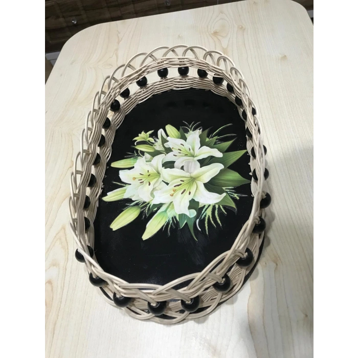 lilyum desenli boncuk detaylı rattan sepet