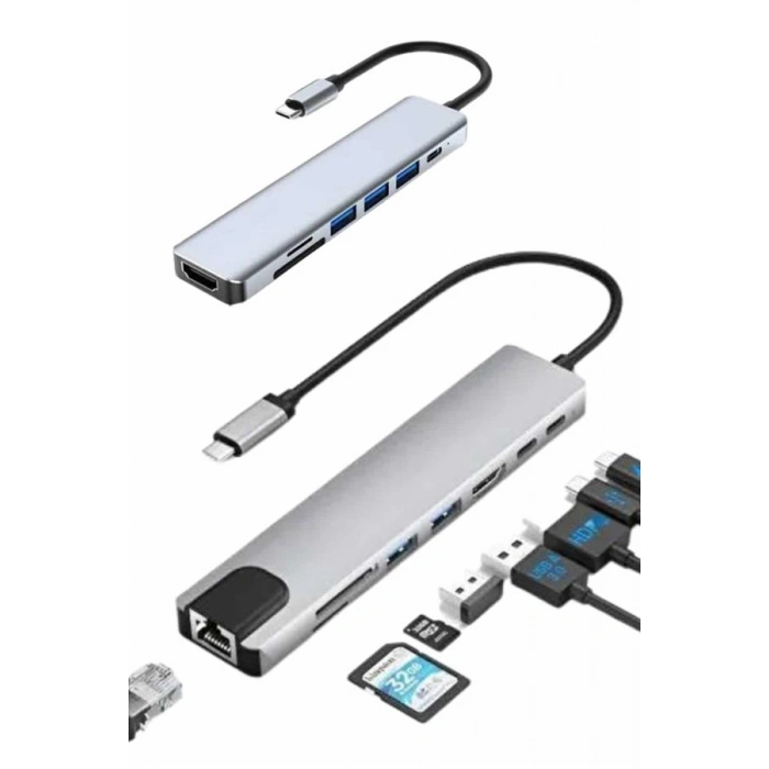 8 Port Çoklayıcı Macbook Ile Uyumlu Çoğaltıcı TypeC dönüştürücü TF SD kart