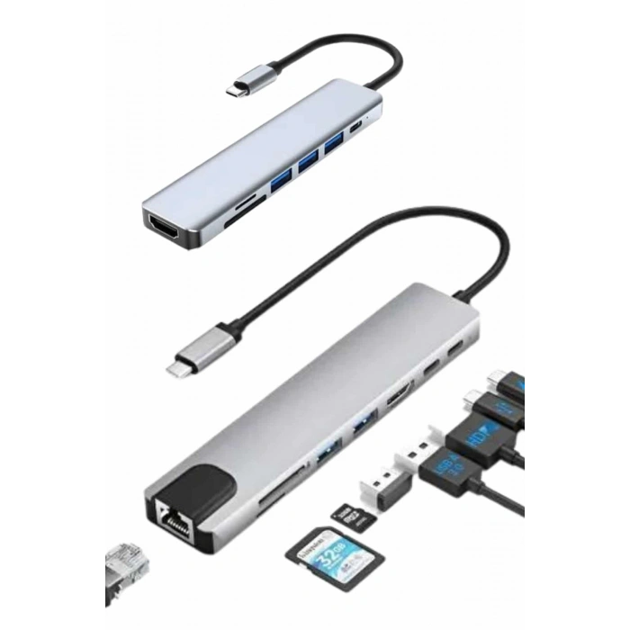 8 Port Çoklayıcı Macbook Ile Uyumlu Çoğaltıcı TypeC dönüştürücü TF SD kart