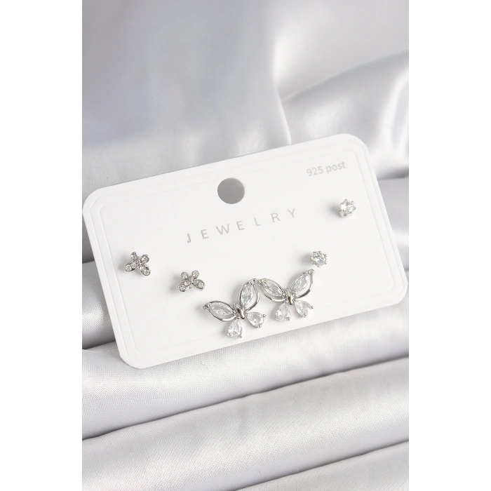 925 Ayar Gümüş Çivi Pirinç Gümüş Renk Zirkon Taşlı Kelebek Model Kadın Küpe Seti