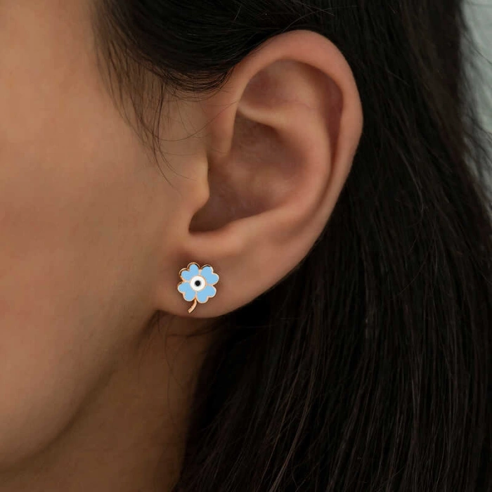 925 Ayar Gümüş Fosforlu Mavi Yonca Küpe T5148 (74)