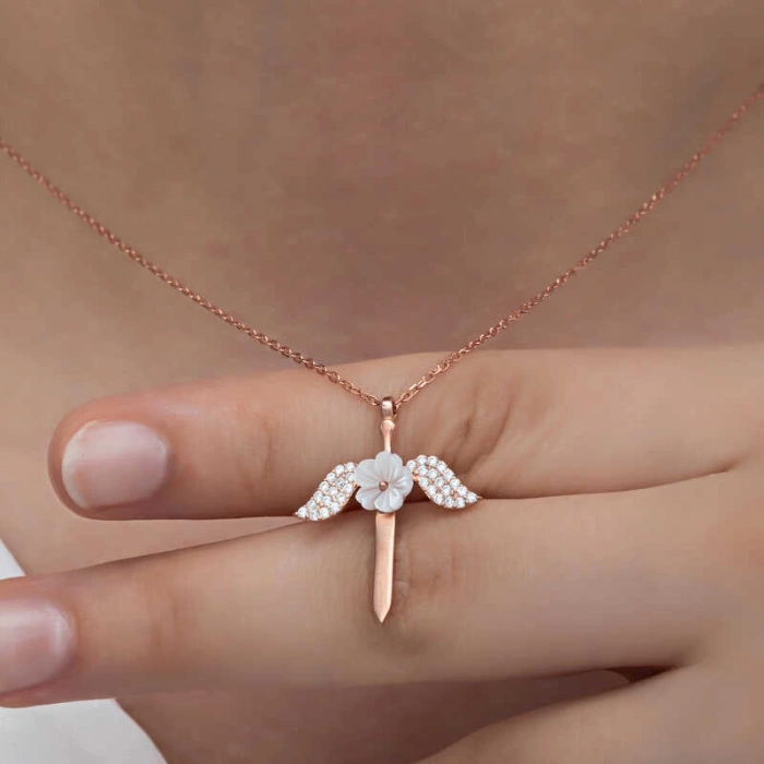 925 Ayar Gümüş Manolya Çiçeği Melek Kadın Kolye T8289 (74)