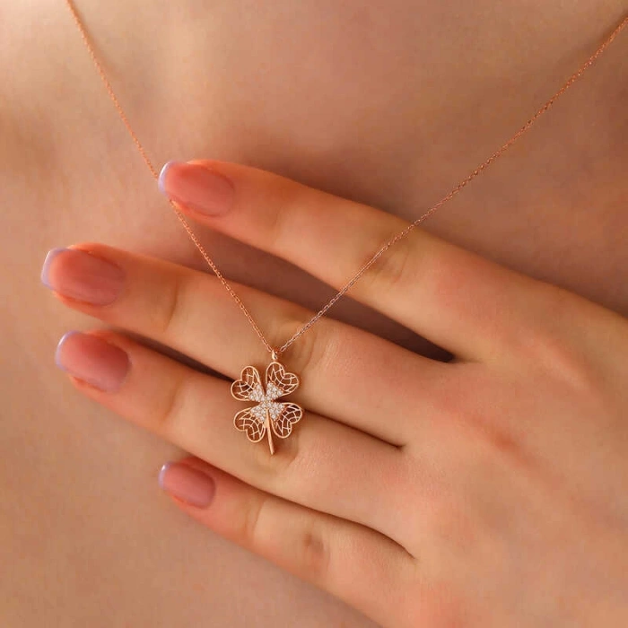 925 Ayar Gümüş Rose Dört Yapraklı Yonca Kadın Kolye T8017 (74)