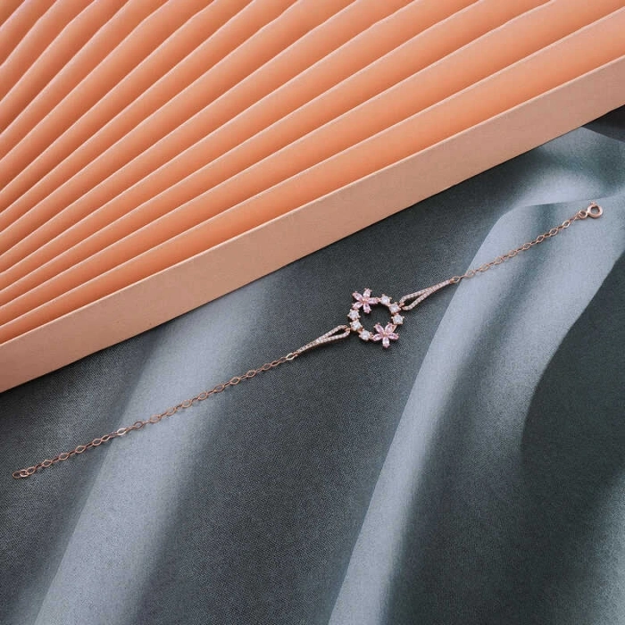 925 Ayar Gümüş Rose Pembe Çiçek Kadın Bileklik T7991 (74)