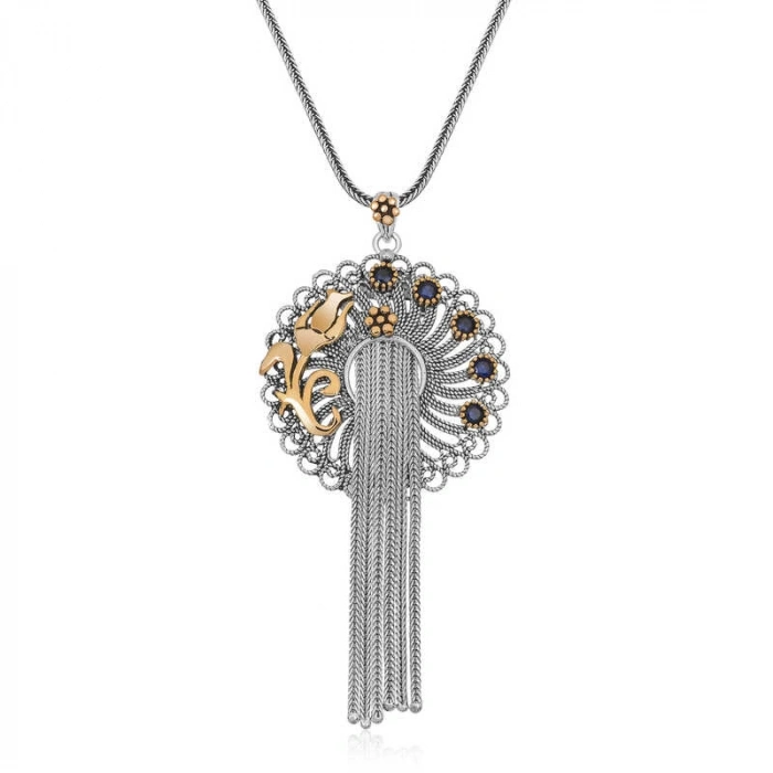 925 Ayar Gümüş Telkari Mavi Taşlı Kadın Gümüş Kolye T6394 (74)