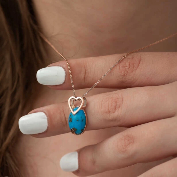 ​925 Ayar Gümüş Turkuaz Taşlı Kalp Kadın Gümüş Kolye T4758 (74)