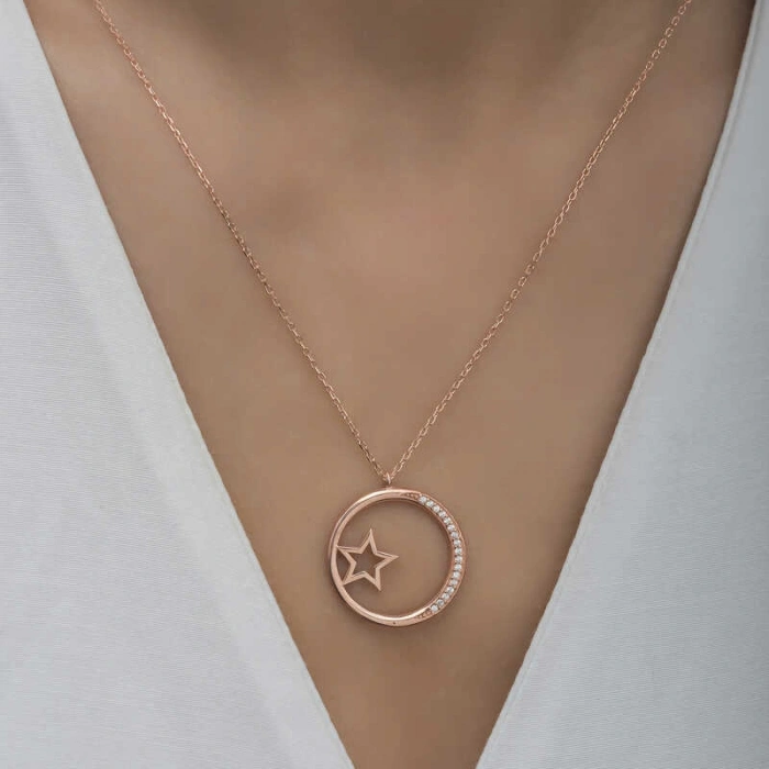 925 Ayar Gümüş Yıldız Detaylı Halka Kadın Gümüş Kolye T6592 (74)