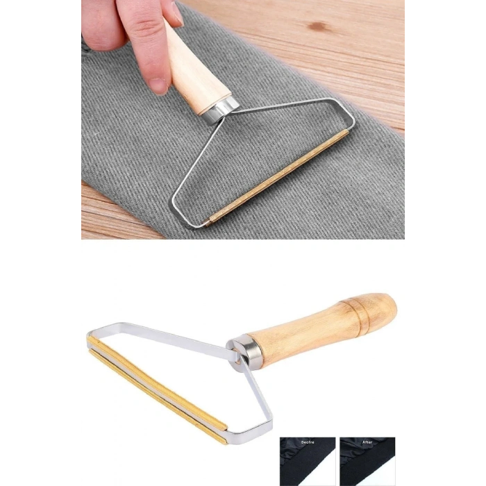 Ahşap Saplı Metal Kazak - Elbise - Halı Tüyü Temizleme Çift Taraflı Tüy Tiftik Toparlayıcı