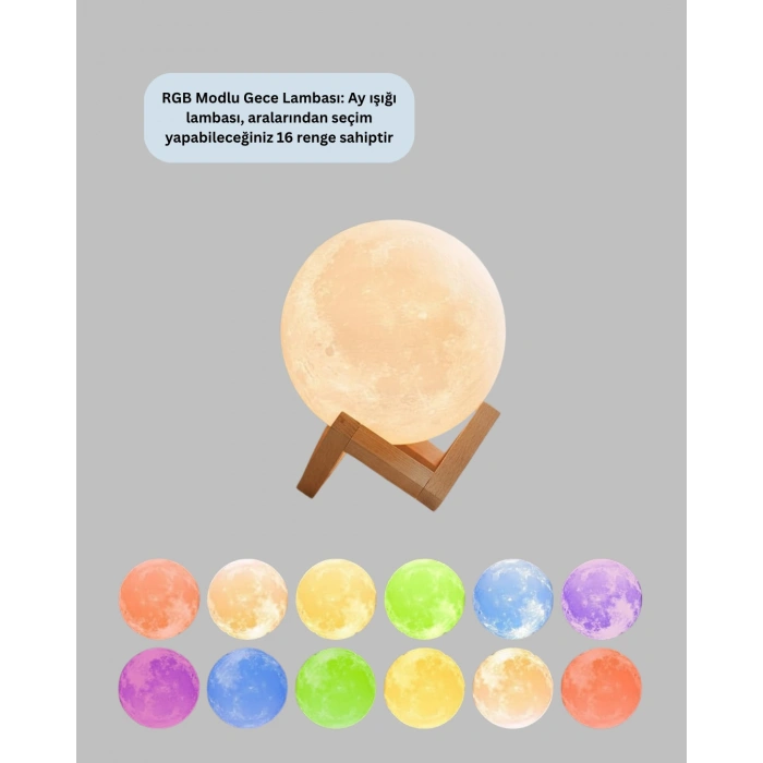 Ahşap Standlı 3D Baskı Ay Lambası 16 Renkli ve Şarjlı