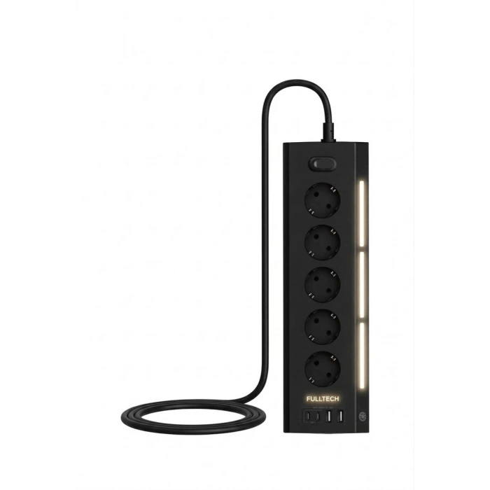 Akım Korumalı 5’li Priz 2xusb 2xtype-c Çıkış Dokunmatik Işıklı Akım Koruma Çoklu Priz Çoğaltıcı Siyah