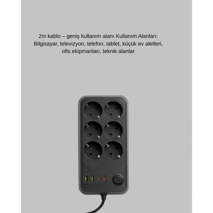 Akım Korumalı 6’lı Priz 2xusb 2xtype-c Çıkış Yüksek Gerilim Koruma Çoklu Priz Çoğaltıcı