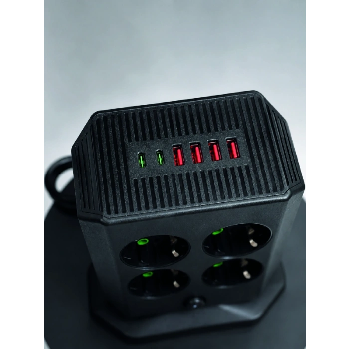 Akım Korumalı 8li Dikey Priz 4 USB 2 TypeC Hızlı Şarj Destekli Çoklu Priz