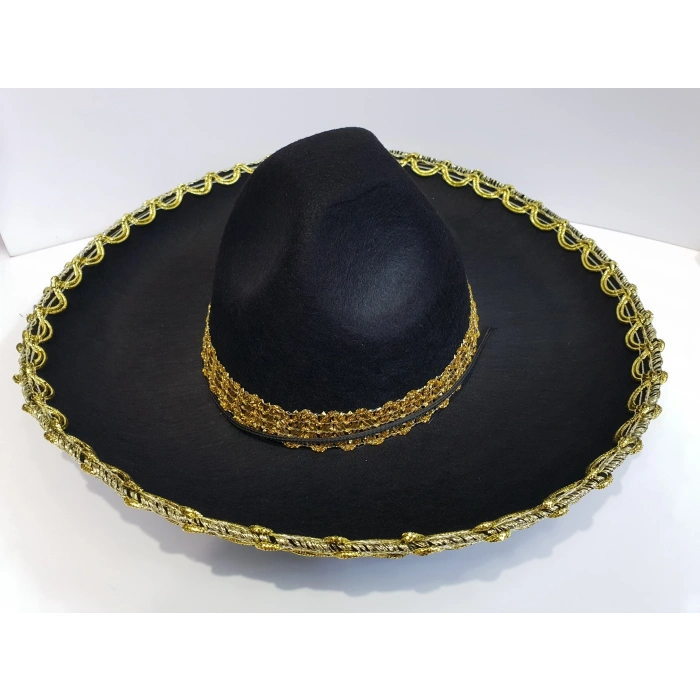 Altın Renk Şeritli Meksika Mariachi Latin Şapkası 55 cm Çuk