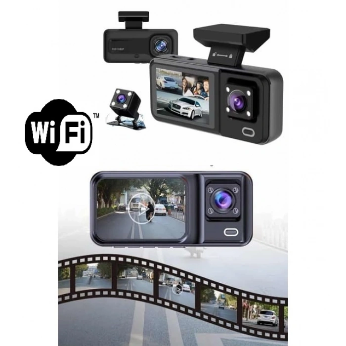Araç Kamerası - 3 Kameralı Wifi Ön , İç ve Arka Full HD DVR Araç İçi Ekranlı Kamera