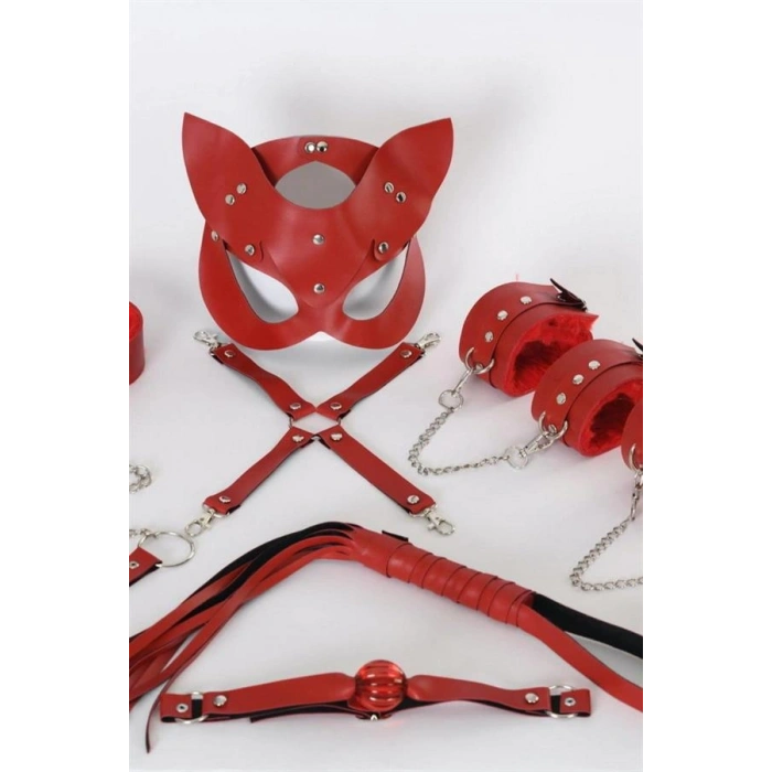 kapsulavm Kırmızı İçi Tüylü Maske,Kol,Bacak,Ağız Topu,Kırbaç,Tasma Harness Set