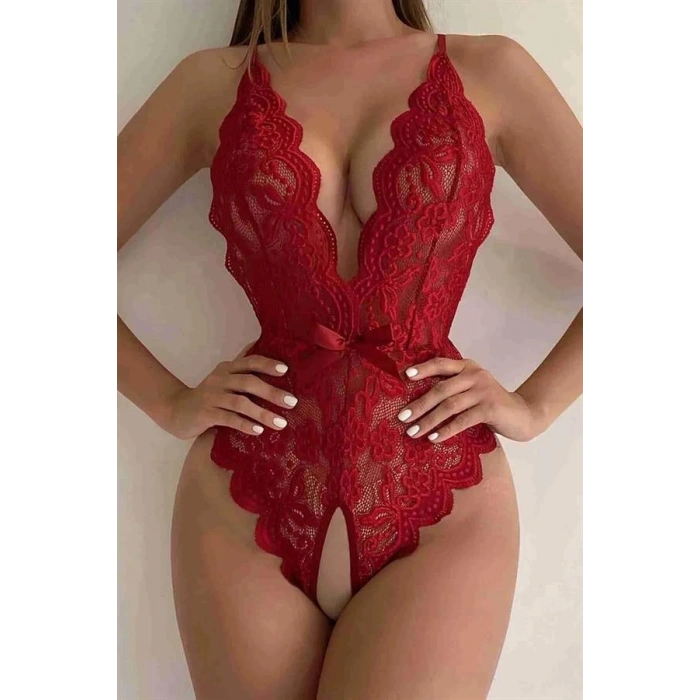 Arias Closet Kırmızı Özel Bölgesi Açık Fiyonklu Dantel Fantezi Body