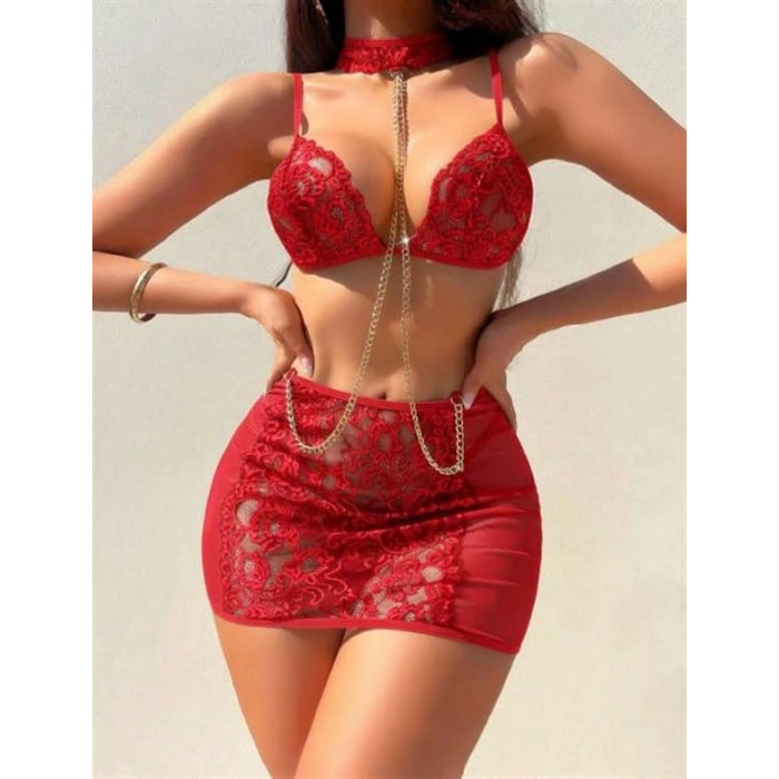 Arias Closet Kırmızı Transparan Dantel İşlemeli Zincir Detaylı Fantezi Takım