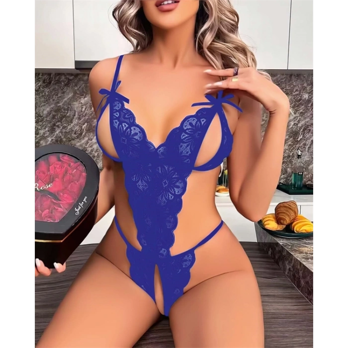 kapsulavm Mavi Dantel İşlemeli Özel Bölgesi Açık Fantezi Body