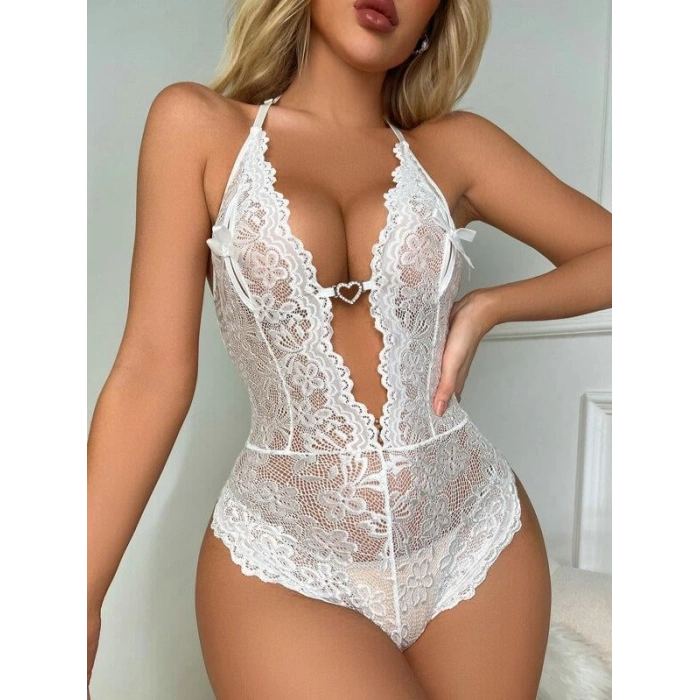 kapsulavm Metal Kalp Aksesuarlı Fantezi Dantelli Beyaz Body