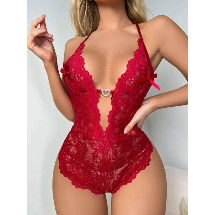 kapsulavm Metal Kalp Aksesuarlı Fantezi Dantelli Kırmızı Body